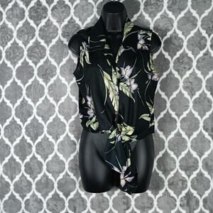 Tommy Bahama Shirt Womens Medium Black Silk Floral Sleeveless‎ Vest Tropical Top